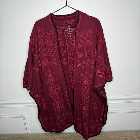 Johnny Was Burgundy Cape Poncho Embroidered Kimono Sleeve Open Front Medium - Picture 1 of 5